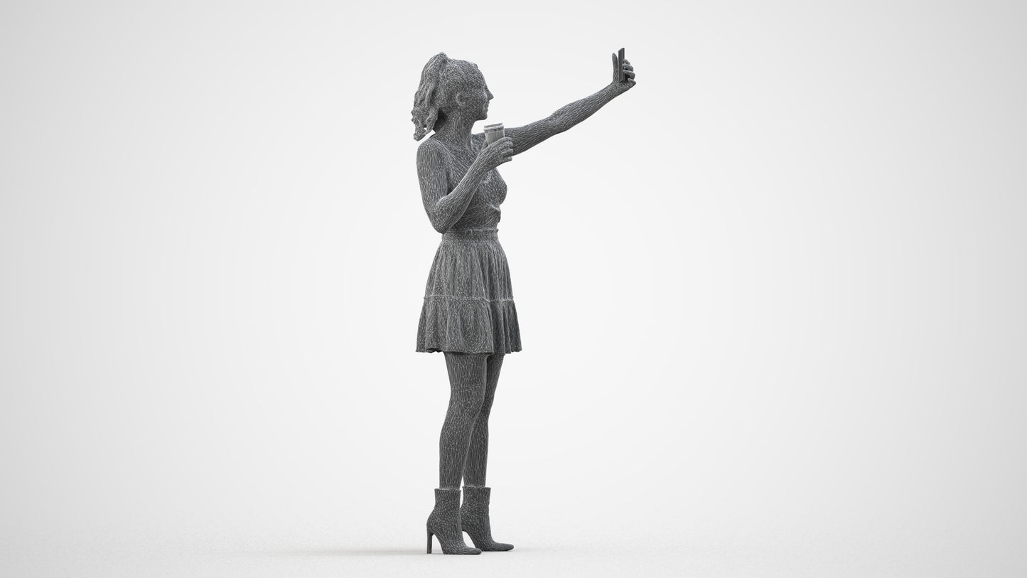 3D human model woman casual standing, photogrammetry scanned person for archviz, wireframe side view