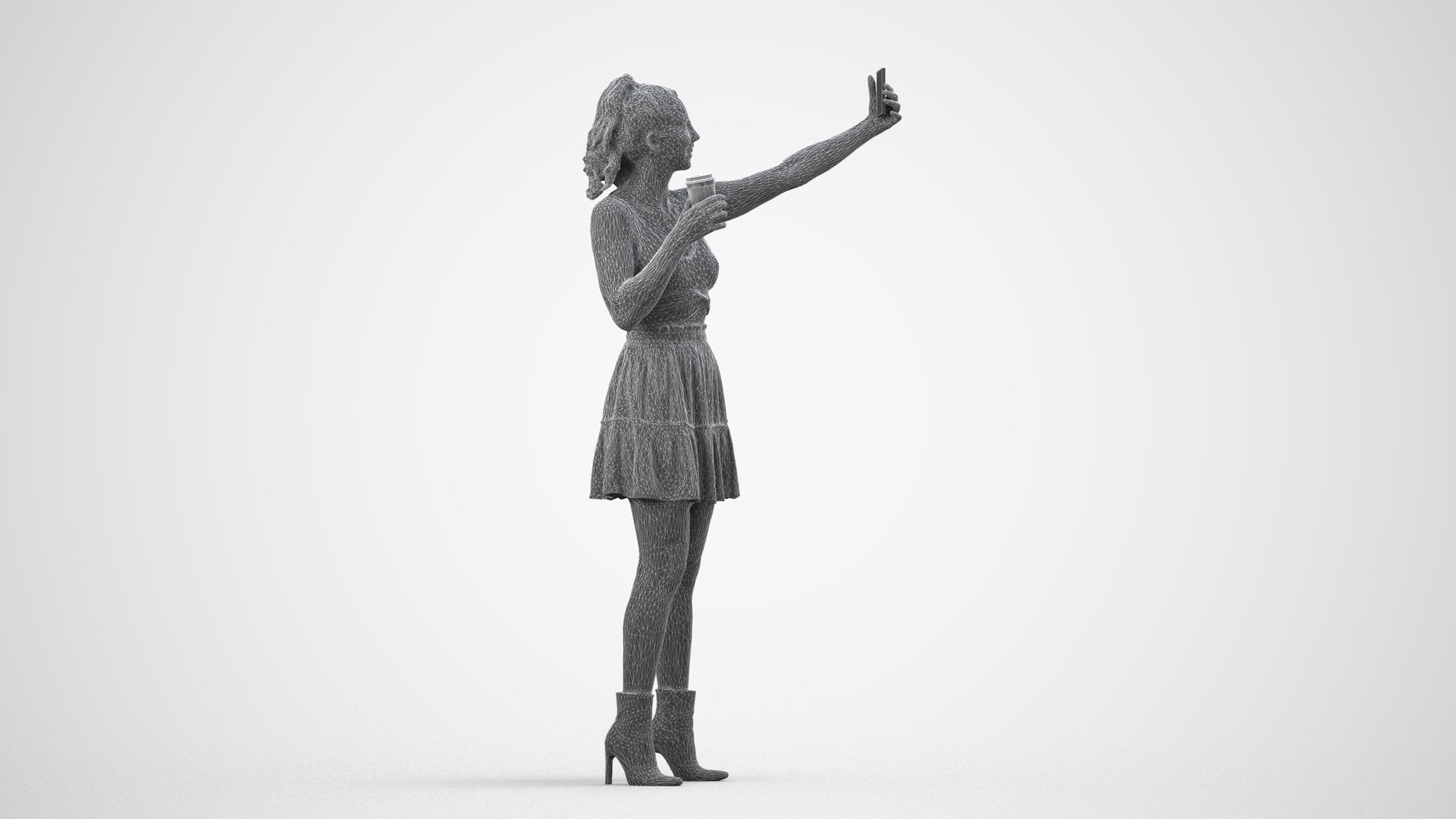 3D human model woman casual standing, photogrammetry scanned person for archviz, wireframe side view