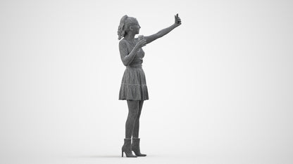 3D human model woman casual standing, photogrammetry scanned person for archviz, wireframe side view