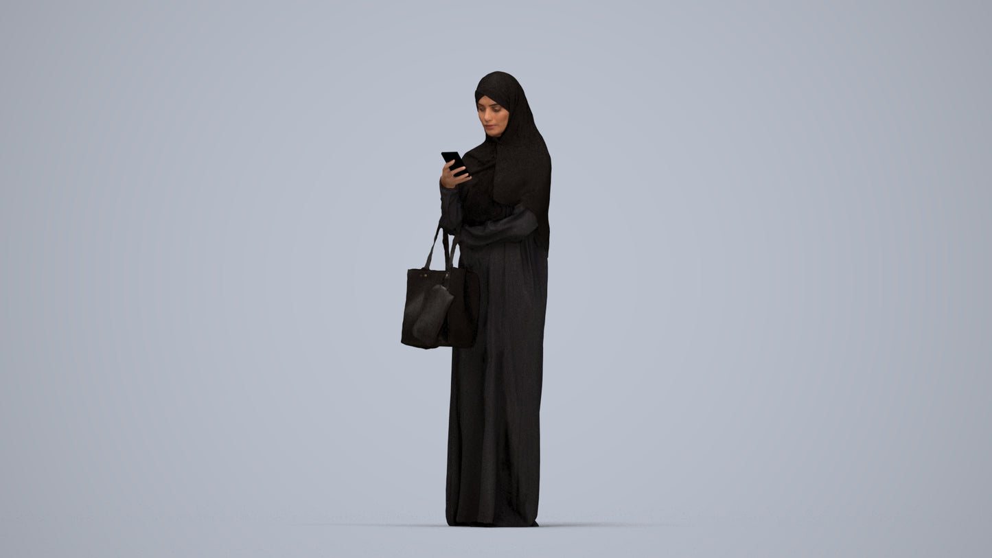 3D human model woman standing, photogrammetry scanned person for archviz, top-down view render