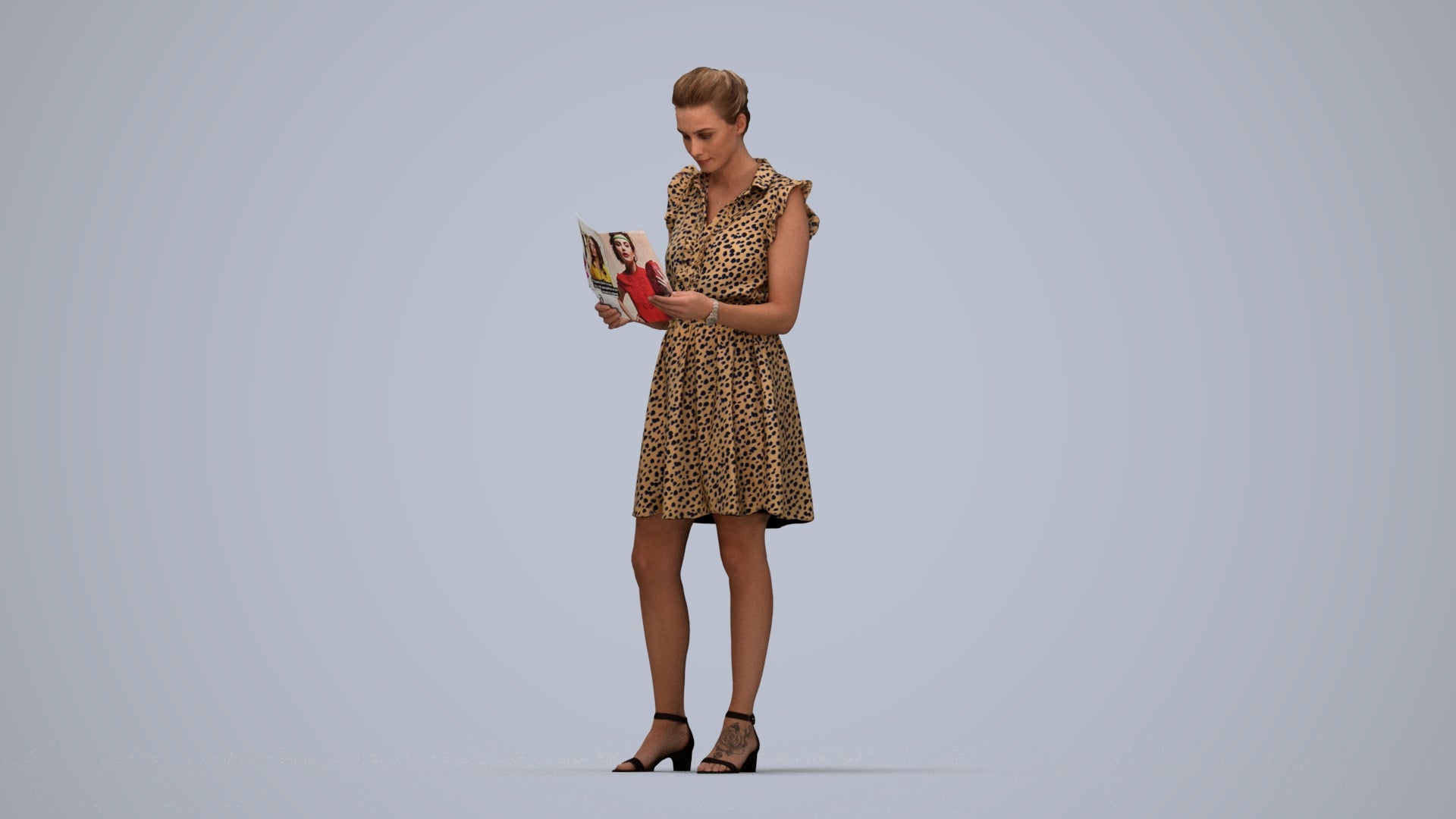 realistic 3D people woman casual standing, render-ready for V-Ray and Corona, FBX OBJ, top-down view render