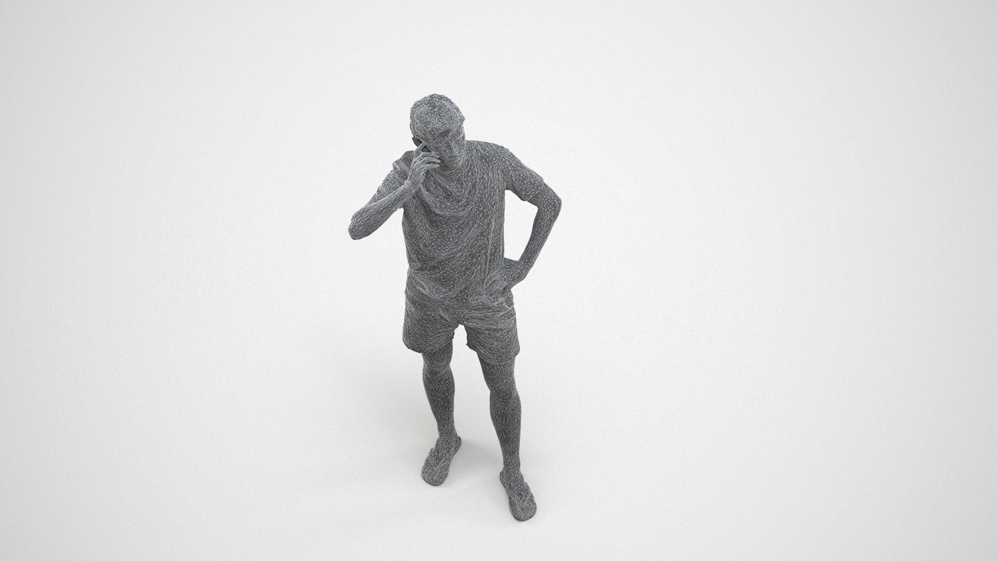 3D human model man casual standing, photogrammetry scanned person for archviz, wireframe three-quarter view