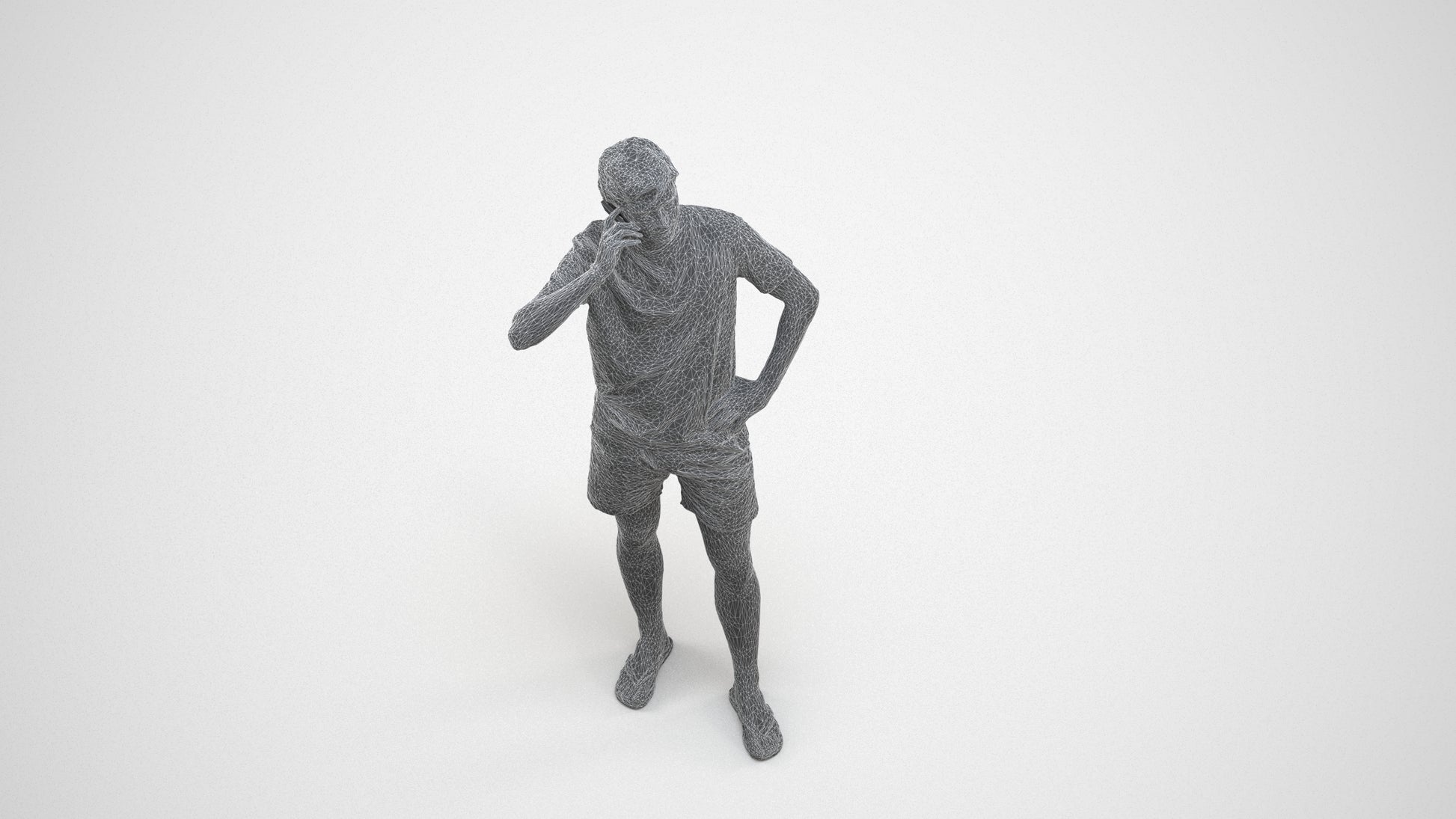 3D human model man casual standing, photogrammetry scanned person for archviz, wireframe three-quarter view