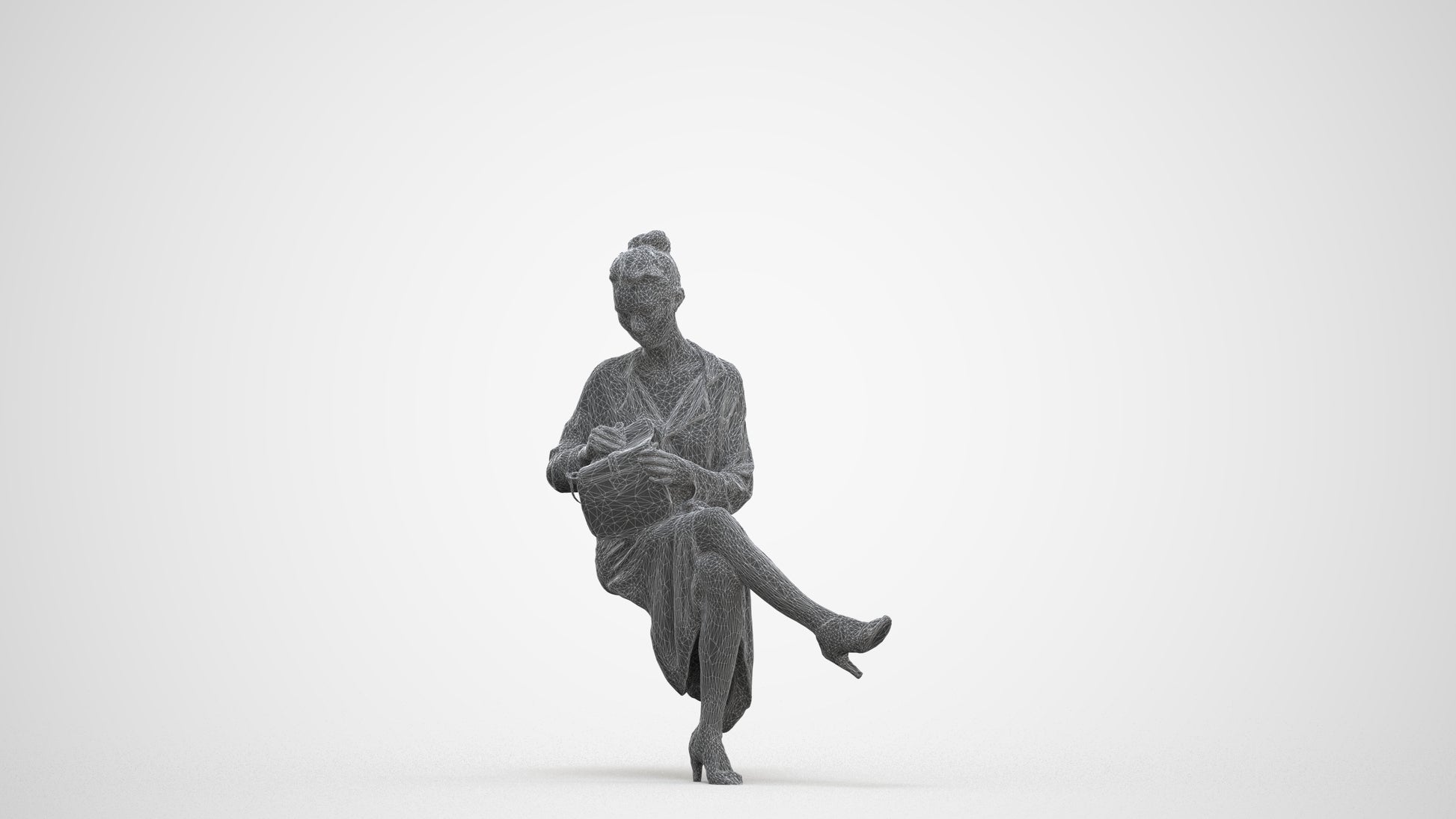 realistic 3D woman casual sitting, scanned archviz people for Blender and 3ds Max, three-quarter front view render