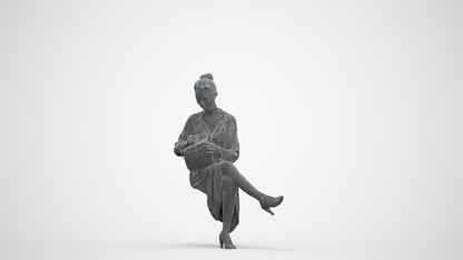realistic 3D woman casual sitting, scanned archviz people for Blender and 3ds Max, three-quarter front view render