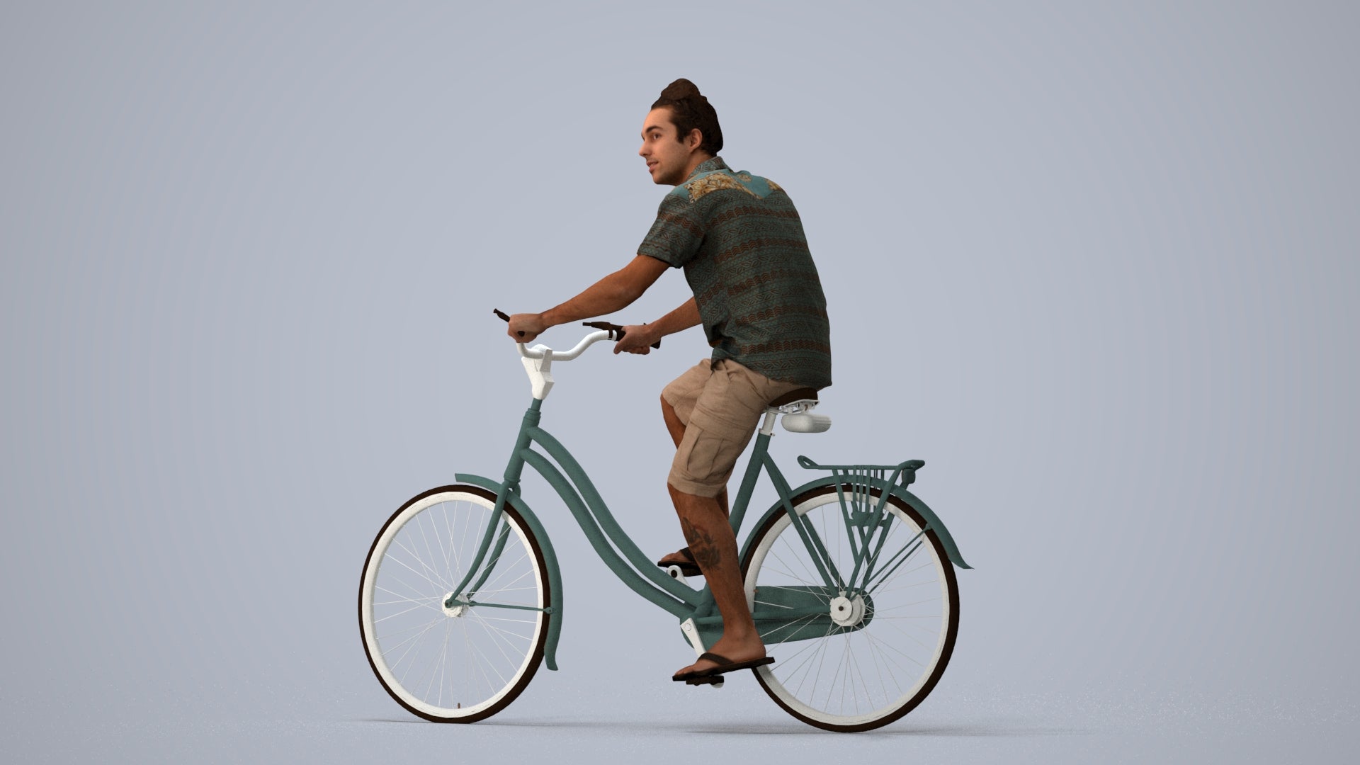 photogrammetry 3D man casual cycling, realistic human model archviz FBX, three-quarter view render