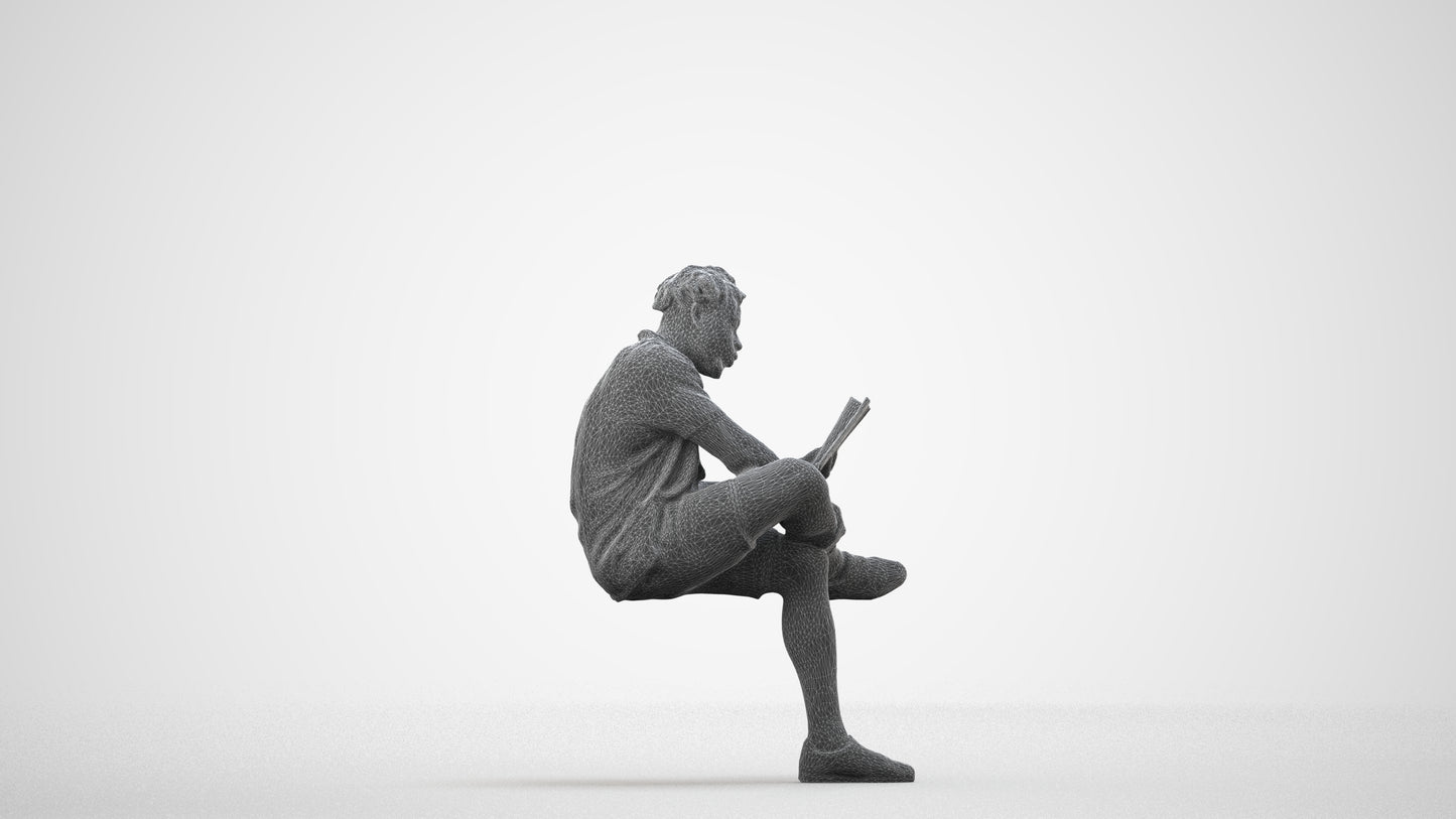 scanned 3D man casual sitting, photogrammetry people for Enscape and V-Ray, wireframe side view