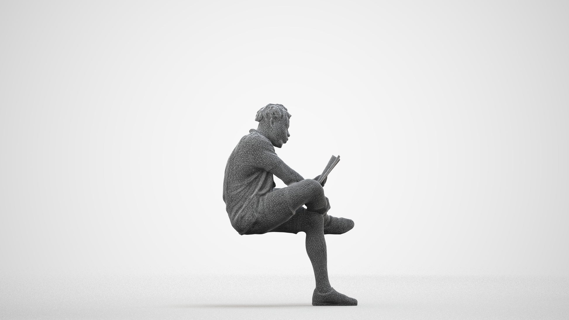 scanned 3D man casual sitting, photogrammetry people for Enscape and V-Ray, wireframe side view