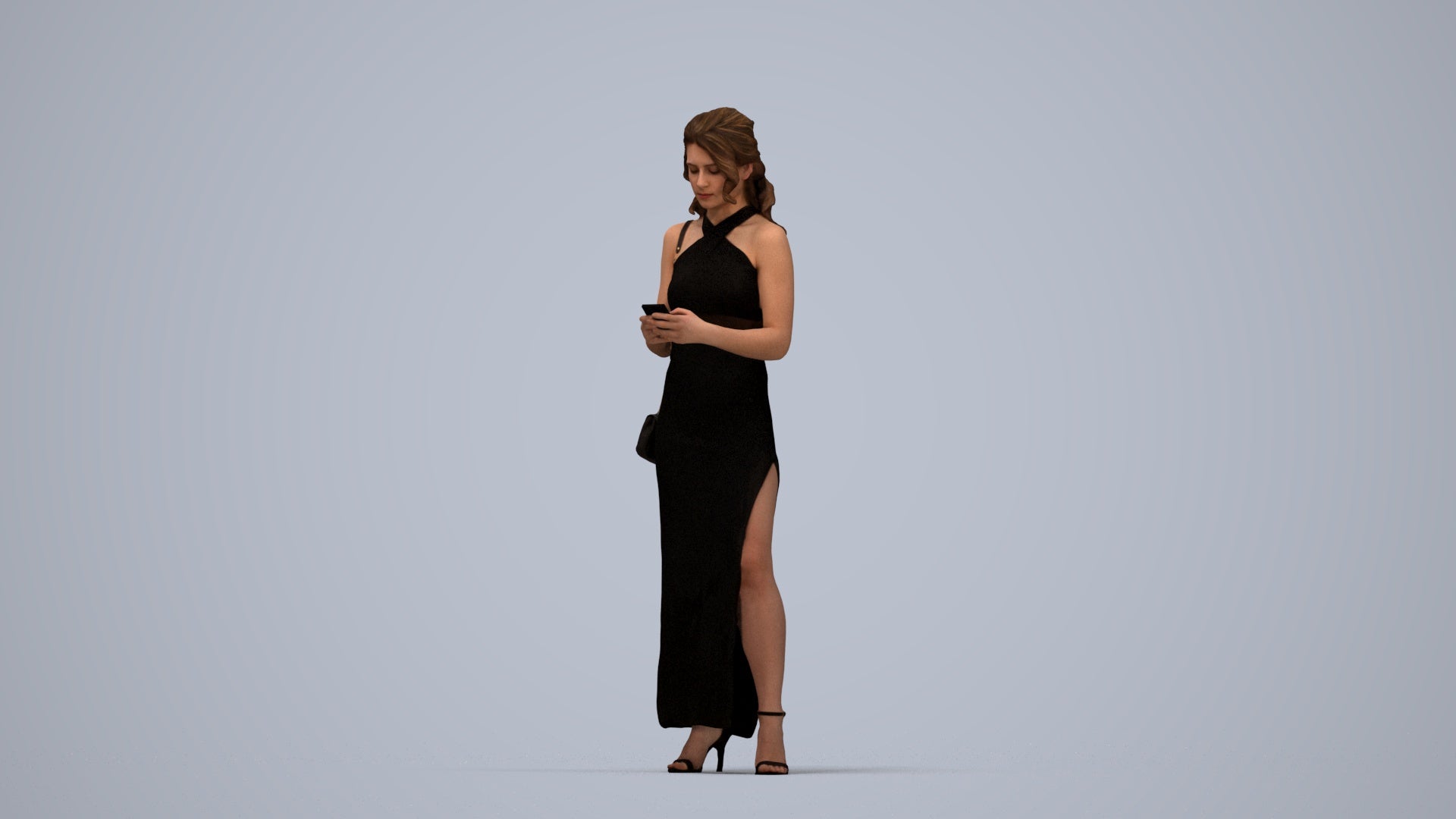 photogrammetry 3D woman formal standing, realistic human model archviz FBX, top-down view render