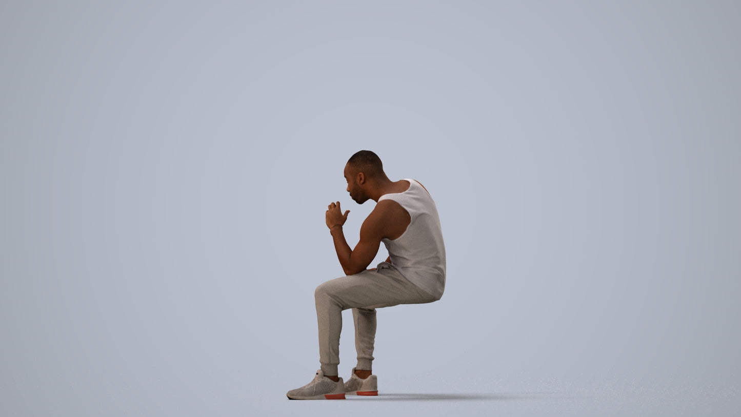 3D human model man casual sitting, photogrammetry scanned person for archviz, three-quarter view render