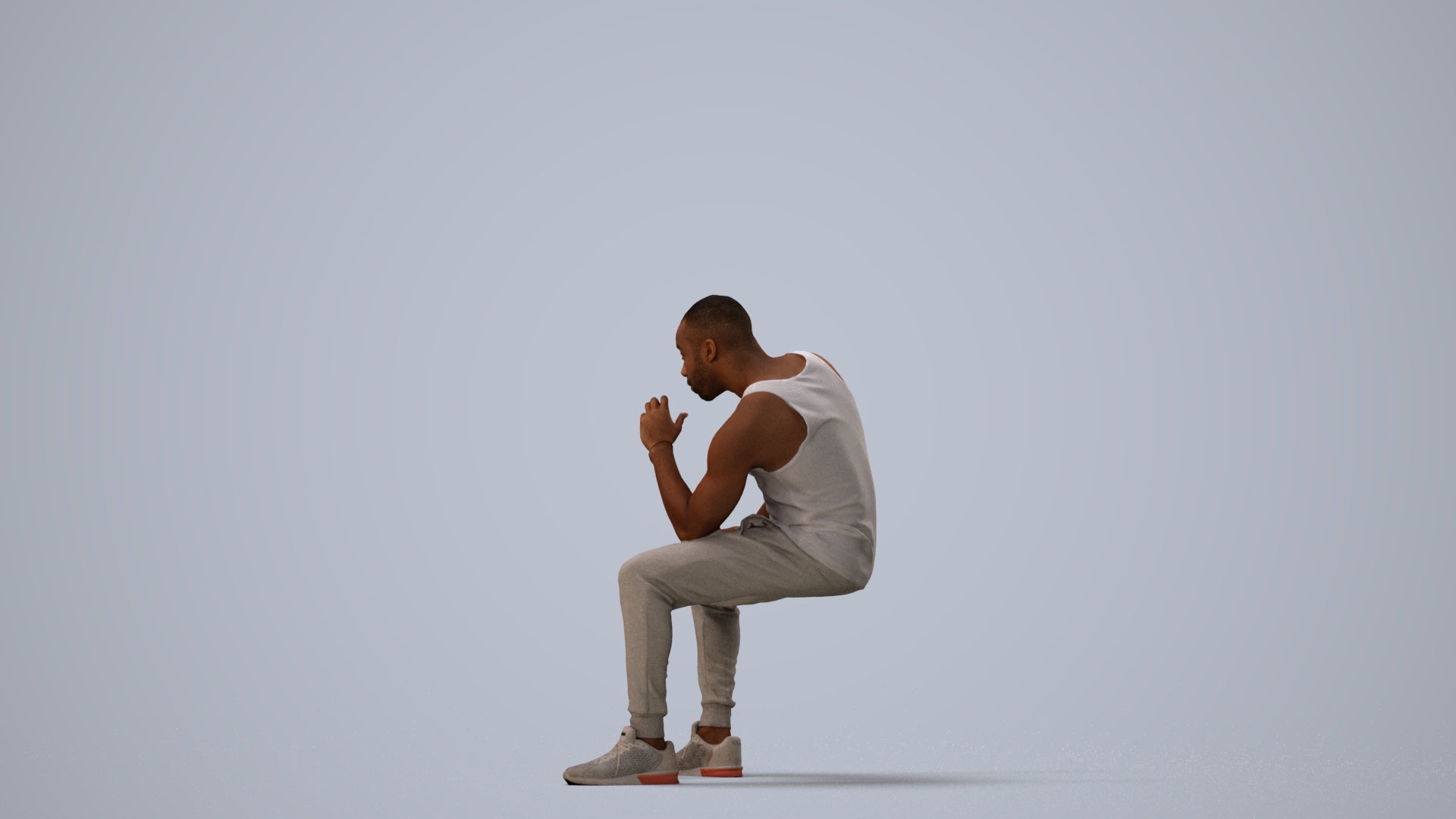 3D human model man casual sitting, photogrammetry scanned person for archviz, three-quarter view render