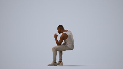 3D human model man casual sitting, photogrammetry scanned person for archviz, three-quarter view render