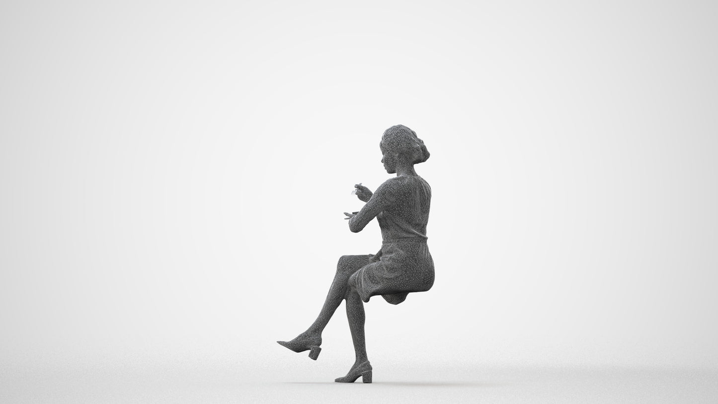 scanned 3D woman casual sitting, photogrammetry people for Enscape and V-Ray, square thumbnail