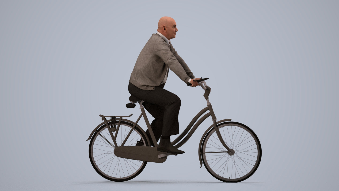 3D human model senior man business cycling, photogrammetry scanned person for archviz, side view render