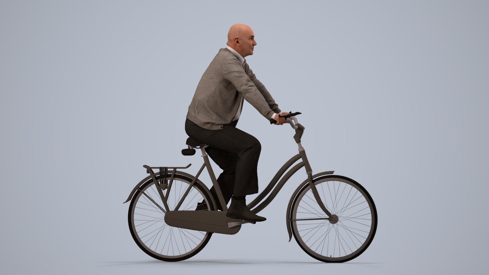 3D human model senior man business cycling, photogrammetry scanned person for archviz, side view render