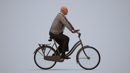 3D human model senior man business cycling, photogrammetry scanned person for archviz, side view render