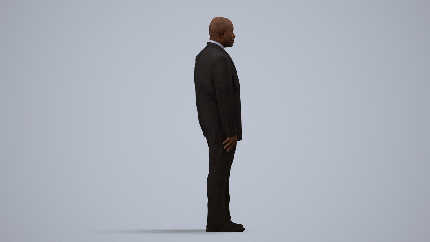 3D human model man business, photogrammetry scanned person for archviz, side view render