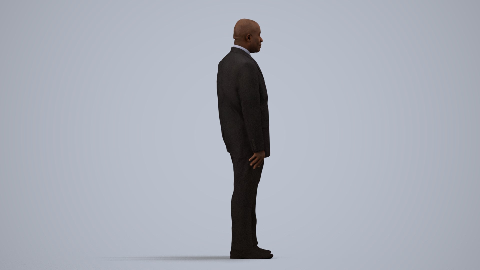 3D human model man business, photogrammetry scanned person for archviz, side view render
