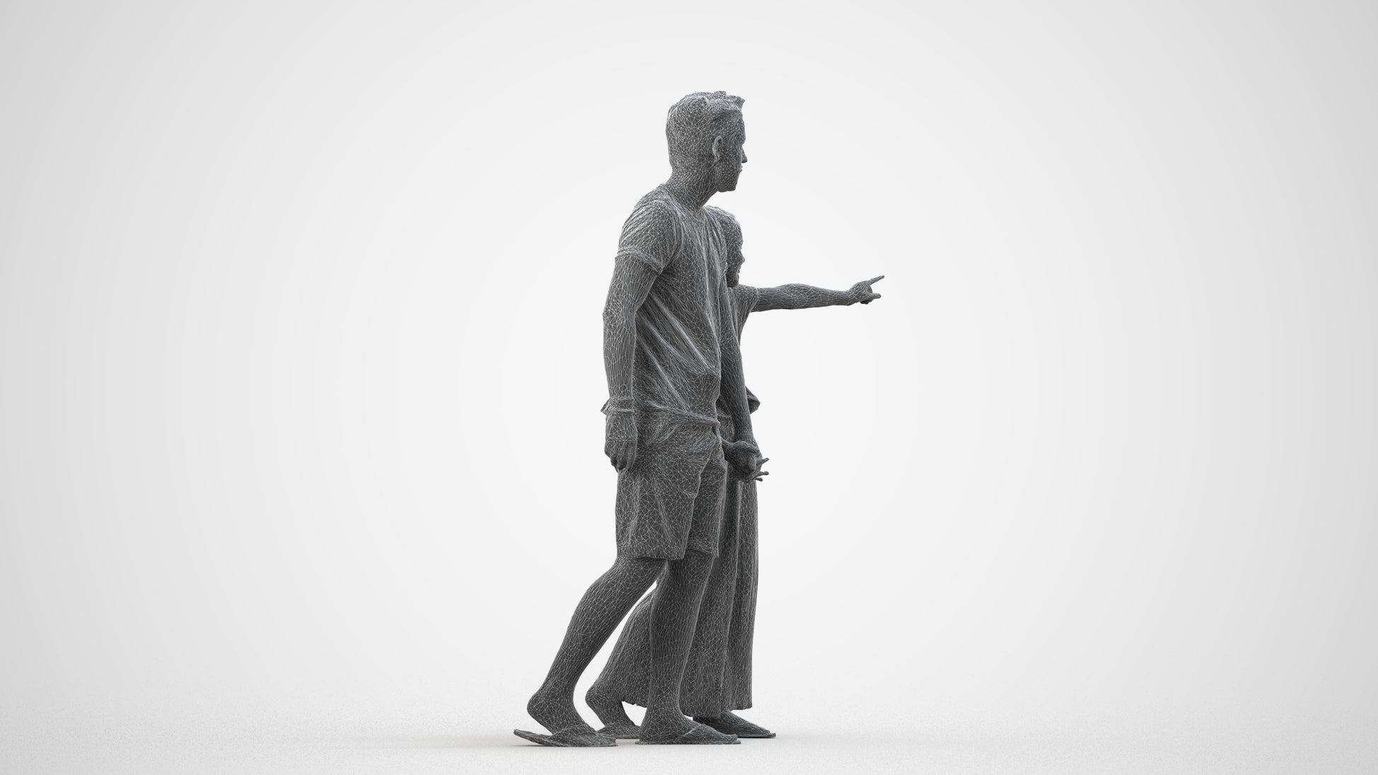 realistic 3D girl casual kids, scanned archviz people for Blender and 3ds Max, wireframe side view
