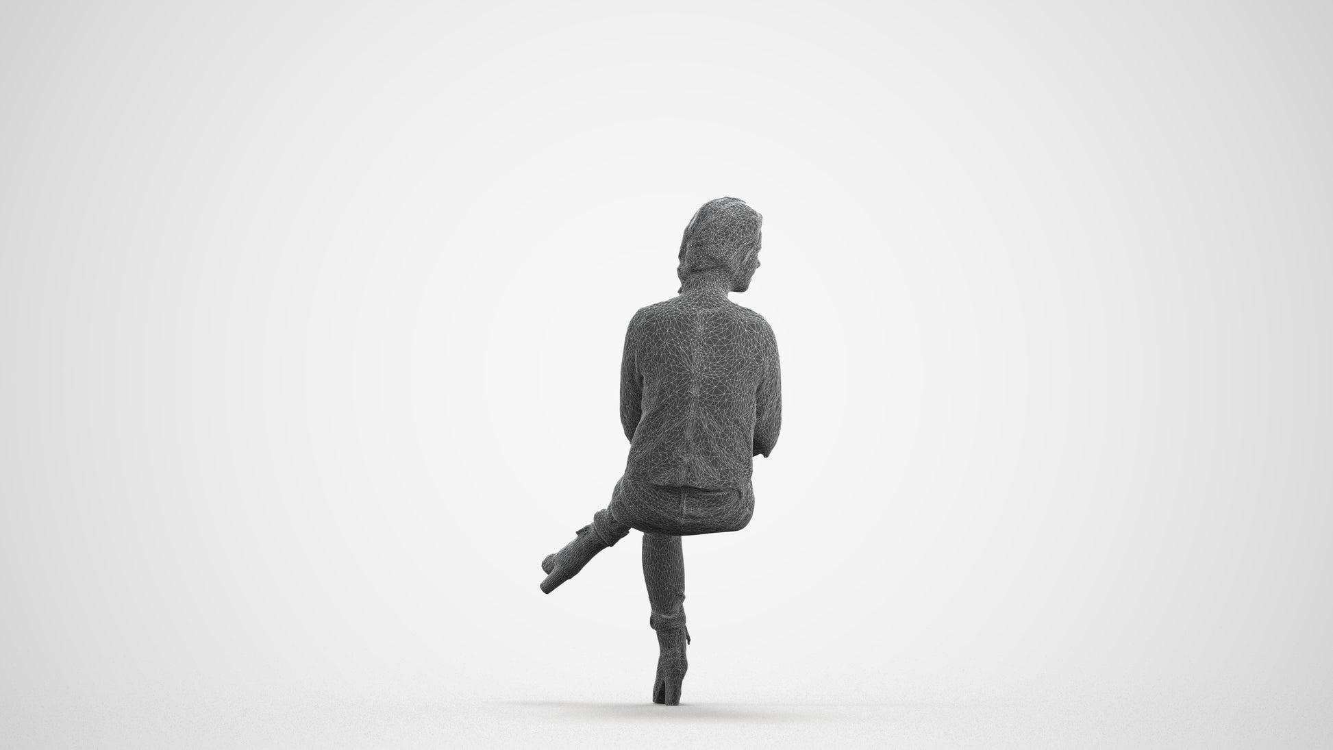 photogrammetry 3D girl business sitting, realistic human model archviz FBX, wireframe front view