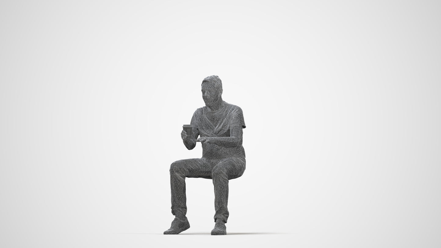 3D people model senior man casual sitting, scanned human for 3ds Max rendering, wireframe back view