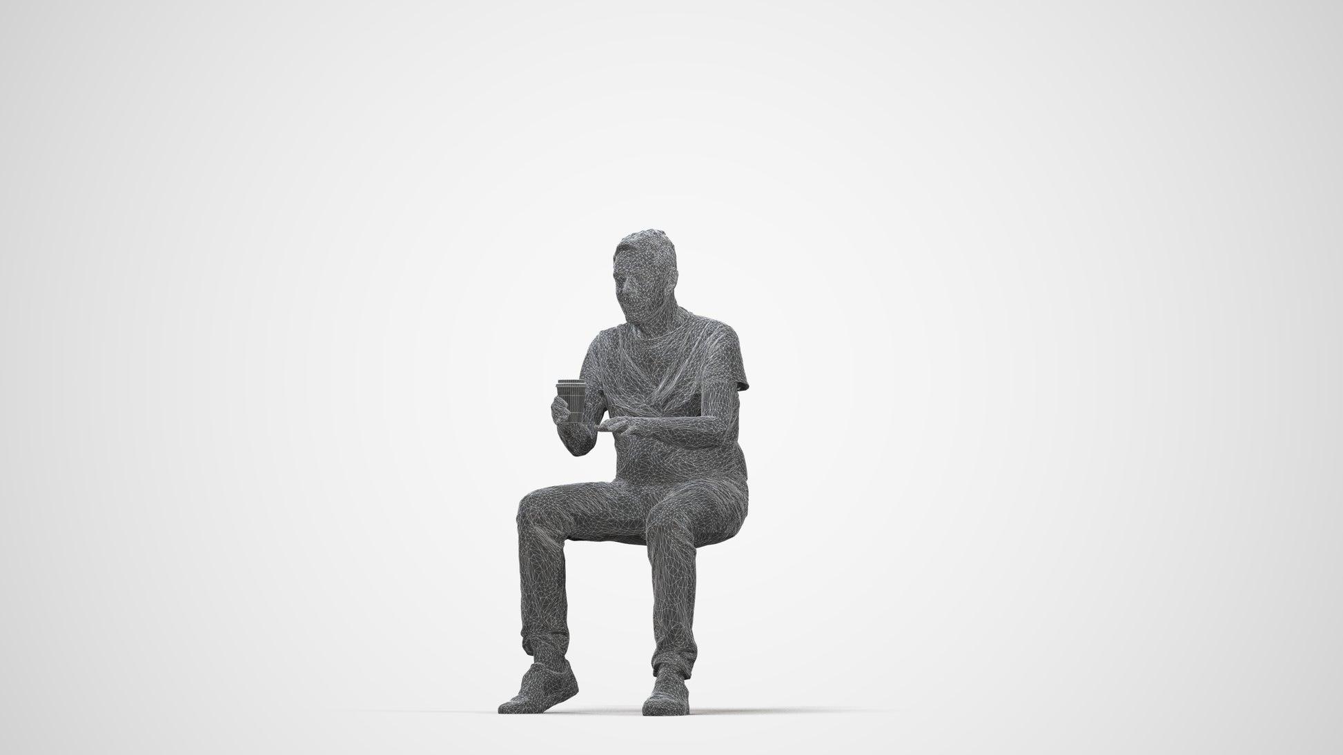 3D people model senior man casual sitting, scanned human for 3ds Max rendering, wireframe back view
