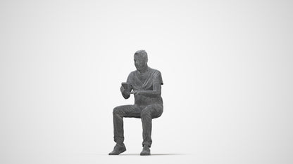 3D people model senior man casual sitting, scanned human for 3ds Max rendering, wireframe back view