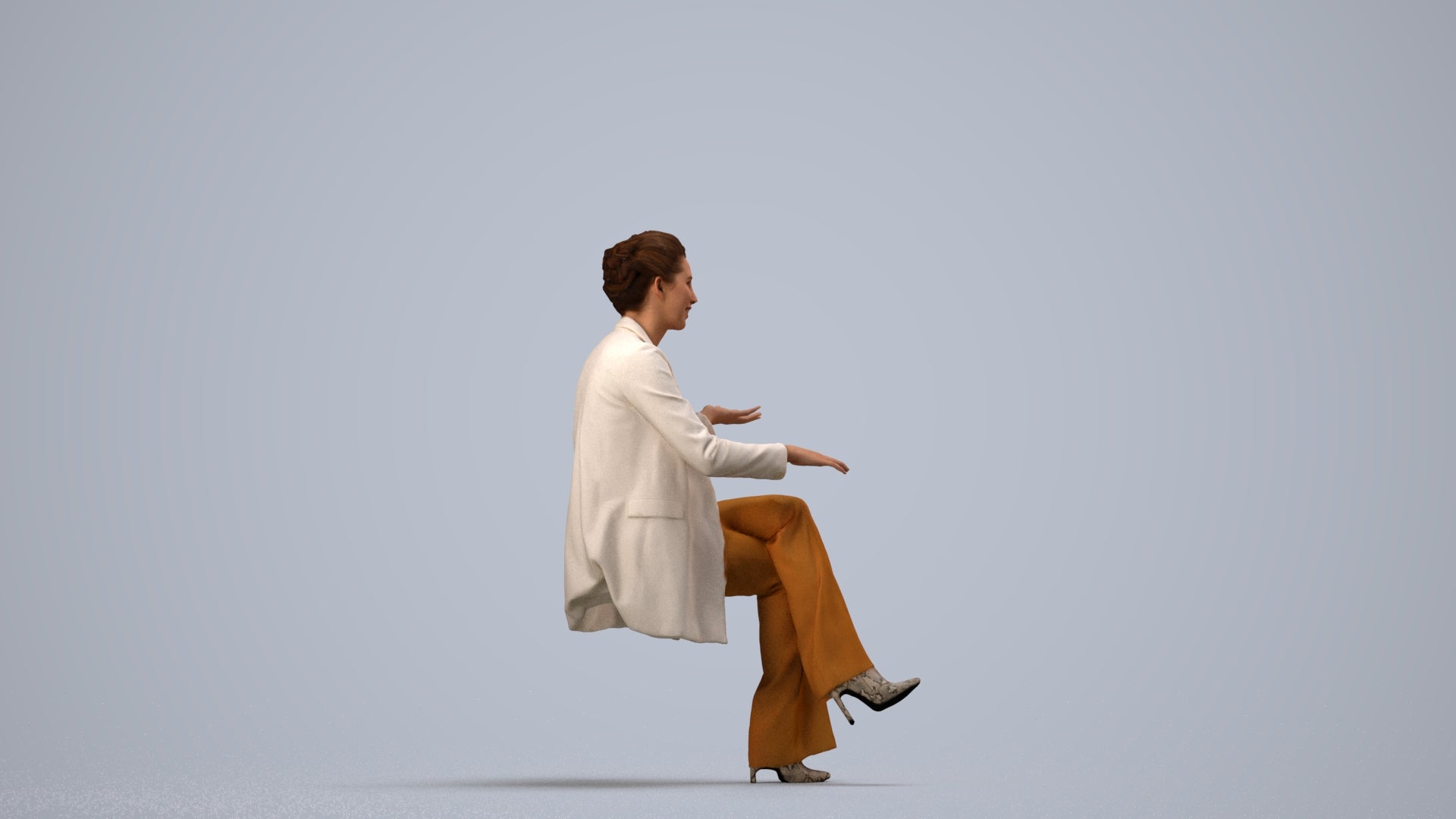 3D scanned woman sitting business, photorealistic archviz people for Enscape and SketchUp, side view render