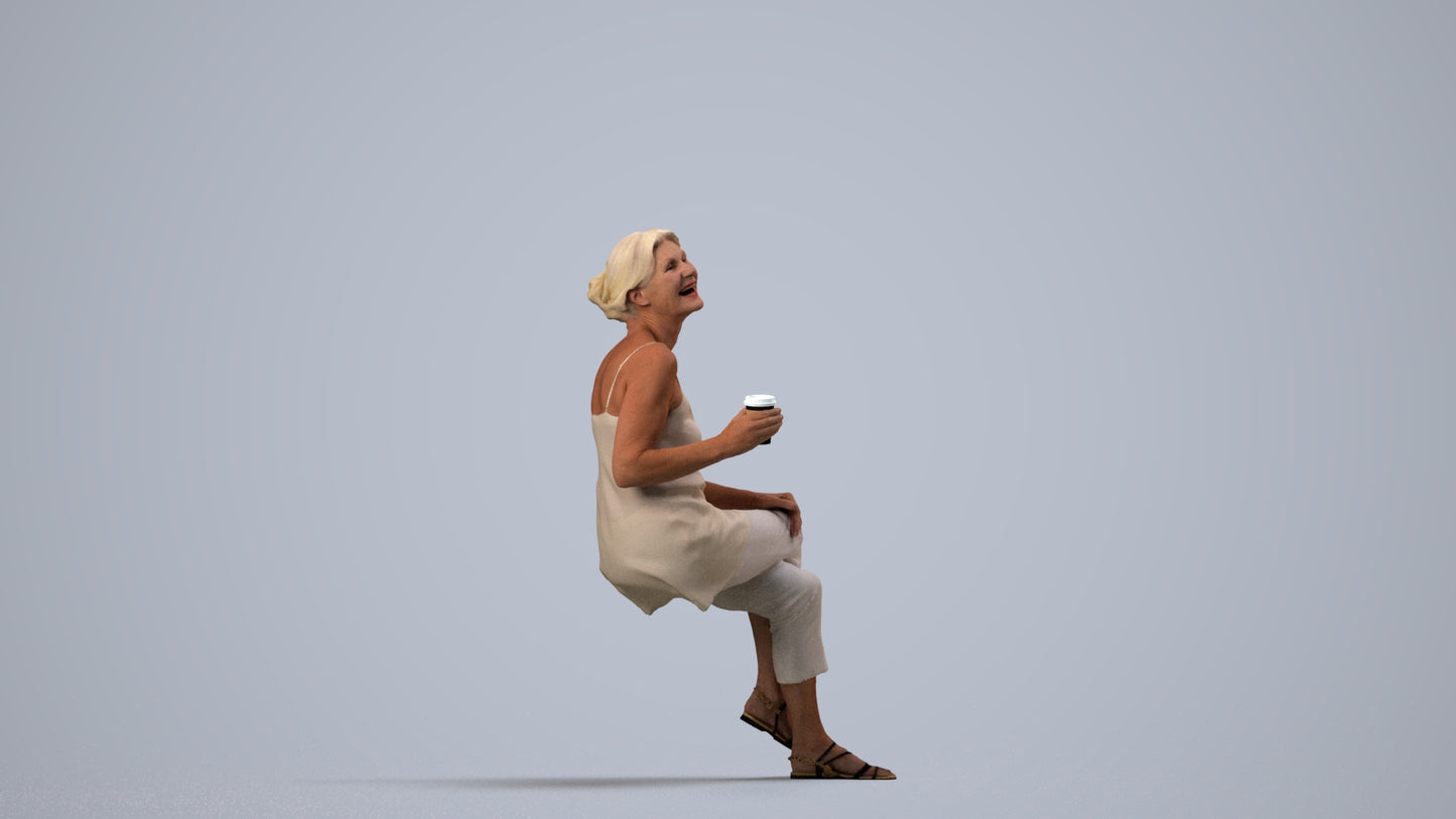 realistic 3D senior woman casual sitting, scanned archviz people for Blender and 3ds Max, side view render