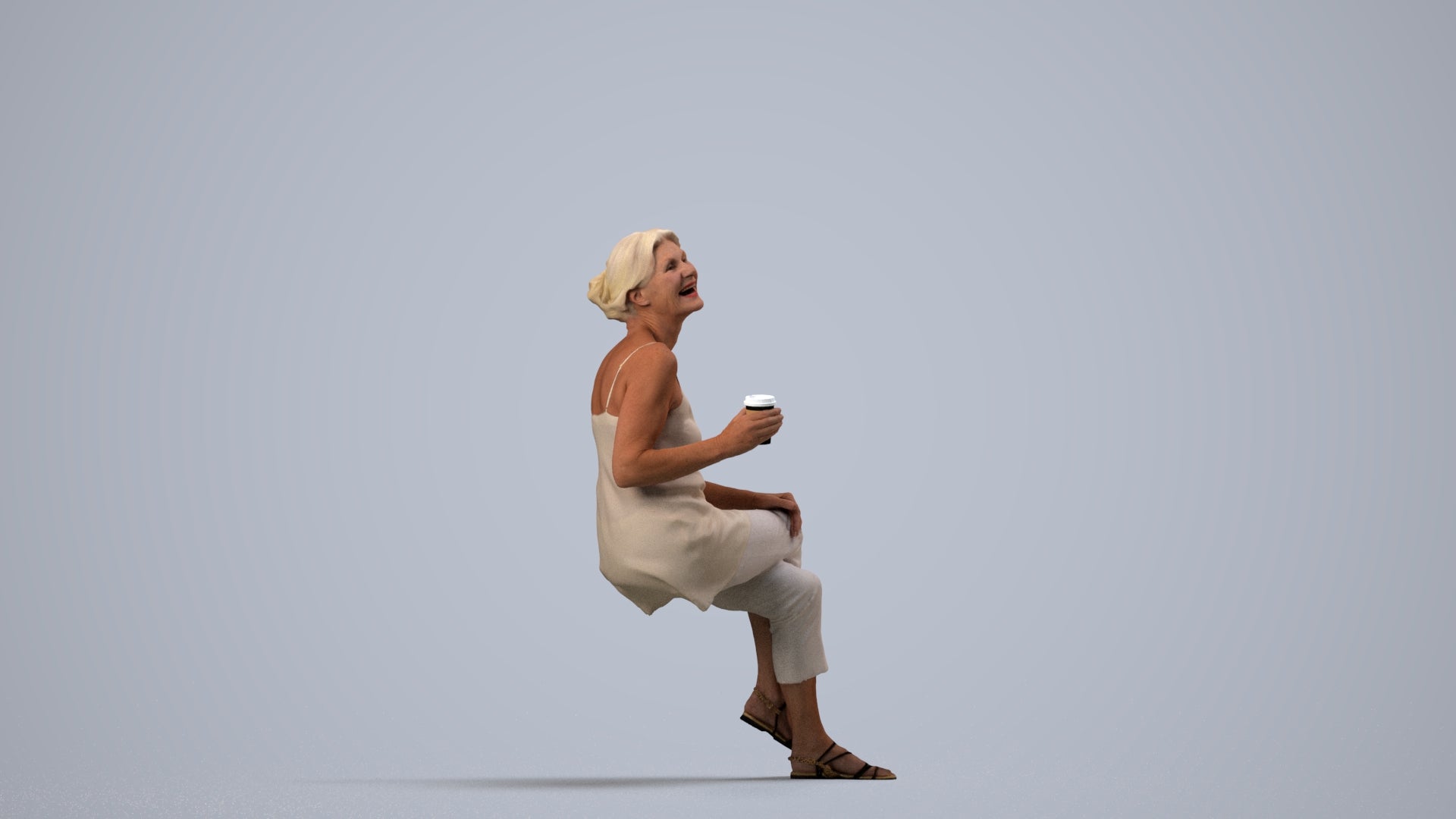 realistic 3D senior woman casual sitting, scanned archviz people for Blender and 3ds Max, side view render