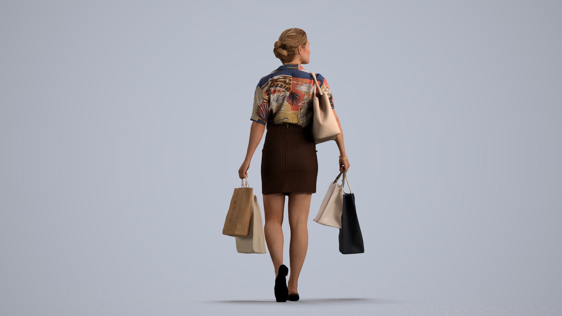realistic 3D woman casual shopping, scanned archviz people for Blender and 3ds Max, front view render