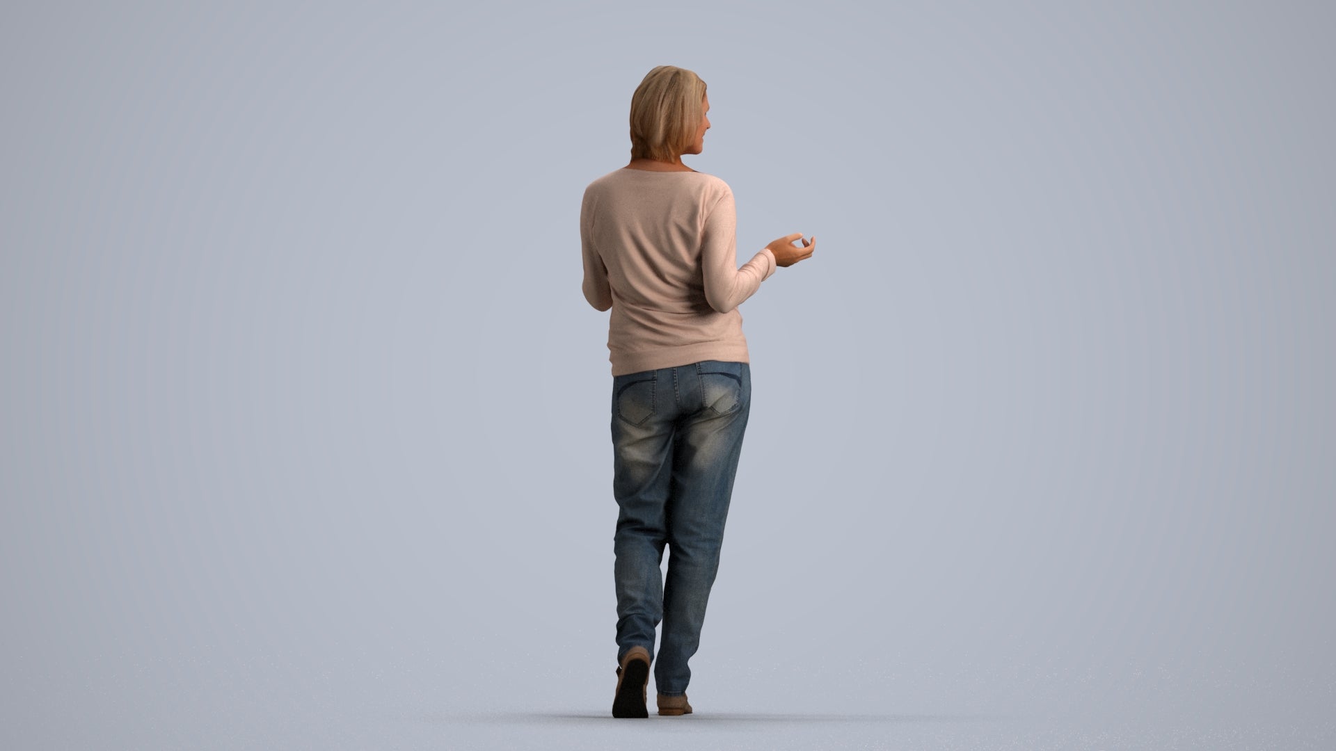 realistic 3D human woman casual walking, archviz people FBX OBJ for Blender, front view render