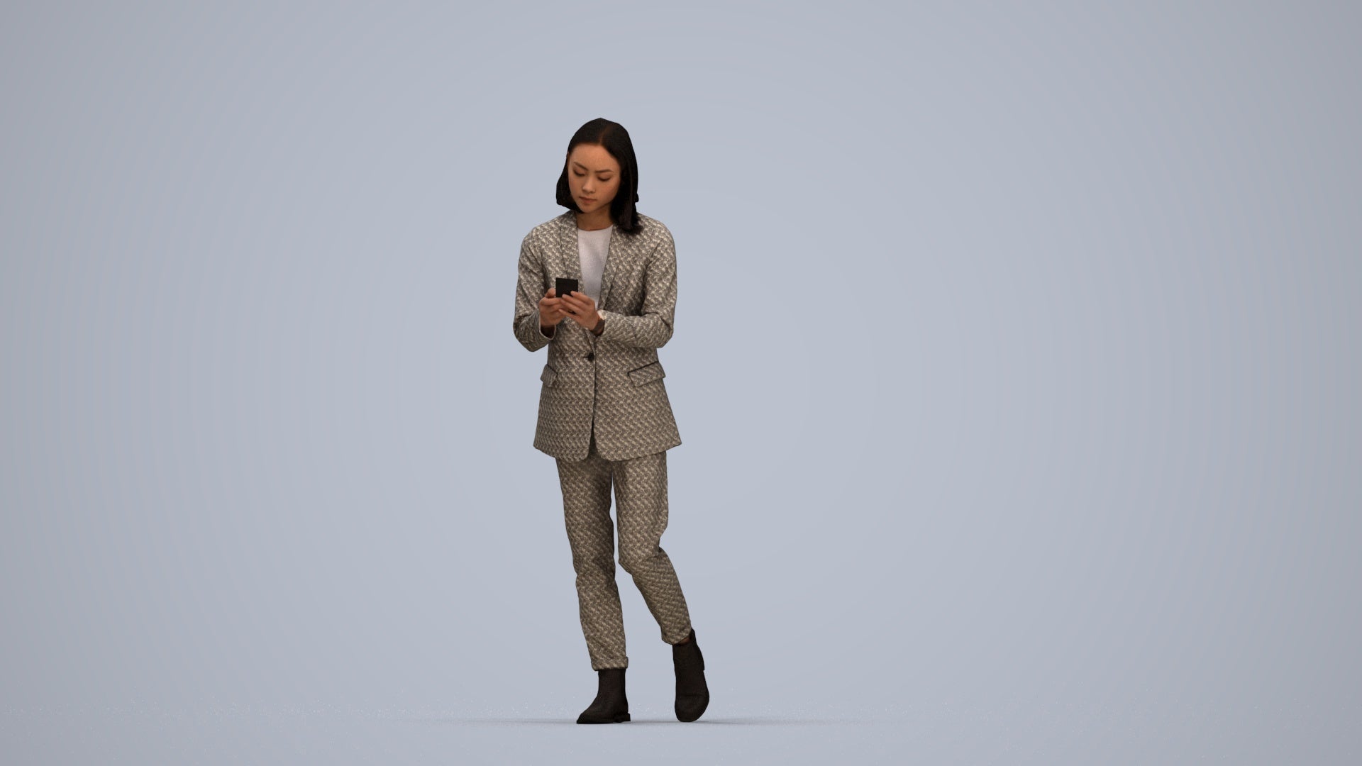 photogrammetry 3D woman business standing, realistic human model archviz FBX, top-down view render