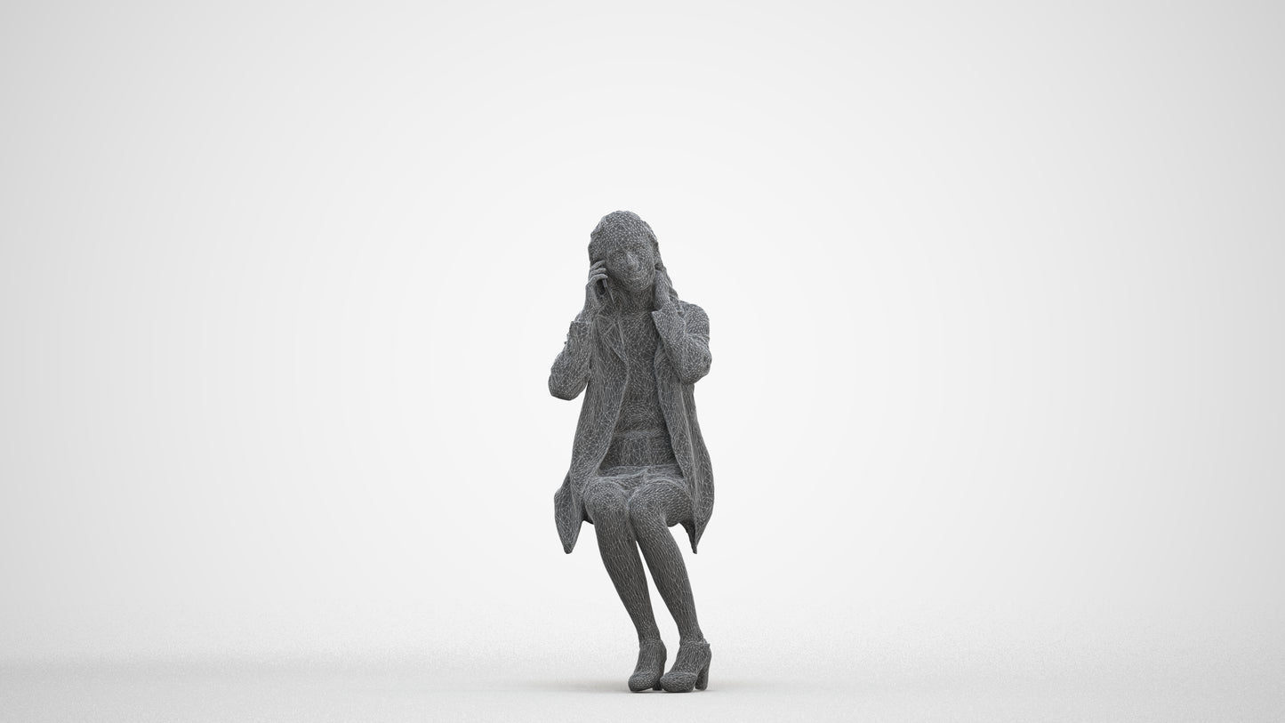 scanned 3D woman business sitting, photogrammetry people for Enscape and V-Ray, three-quarter front view render