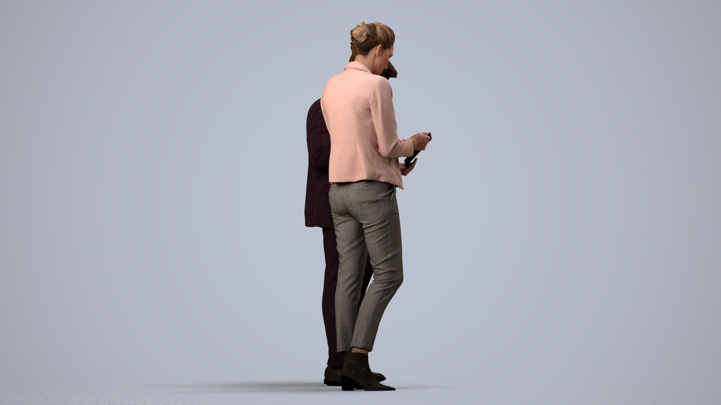 realistic 3D human woman business couple, archviz people FBX OBJ for Blender, side view render