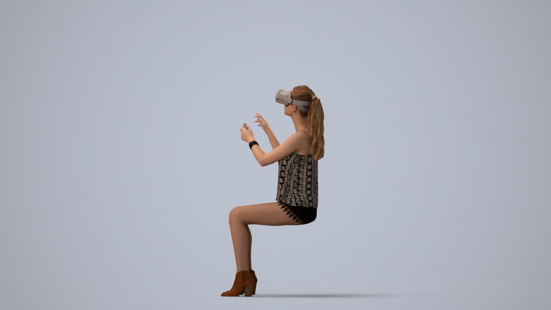 3D human model girl casual sitting, photogrammetry scanned person for archviz, three-quarter view render