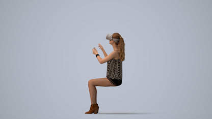 3D human model girl casual sitting, photogrammetry scanned person for archviz, three-quarter view render