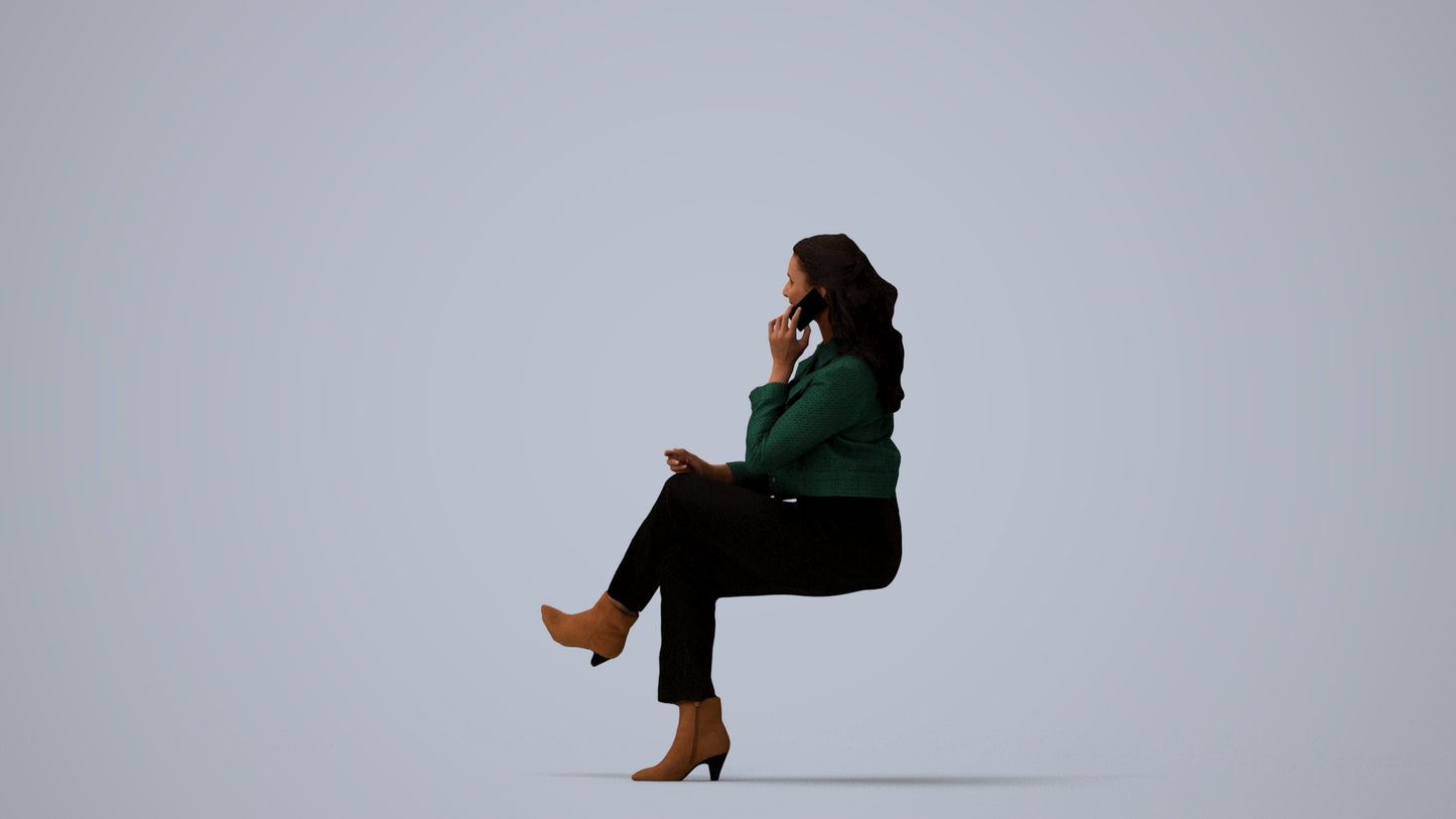 realistic 3D human woman business sitting, archviz people FBX OBJ for Blender, three-quarter view render
