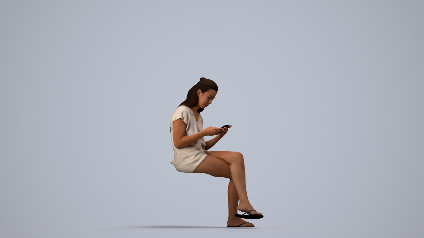3D human model woman casual sitting, photogrammetry scanned person for archviz, side view render