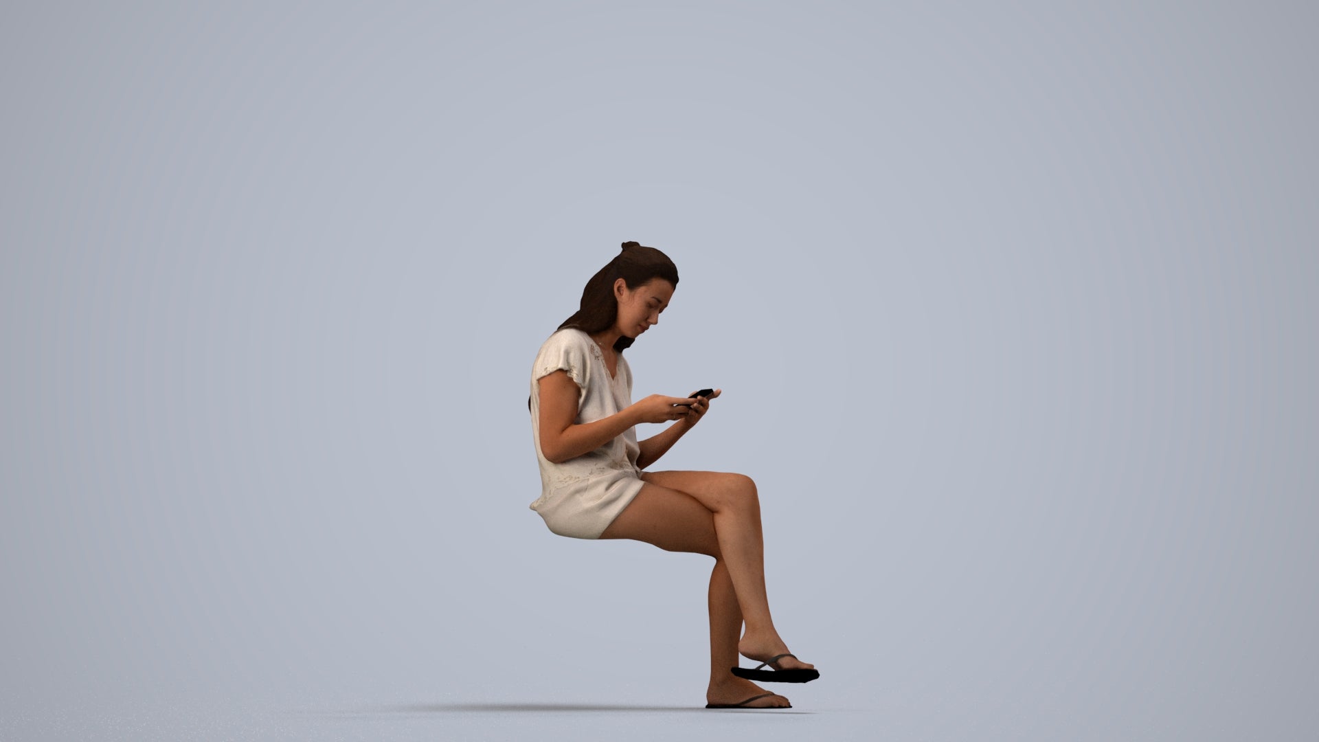 3D human model woman casual sitting, photogrammetry scanned person for archviz, side view render