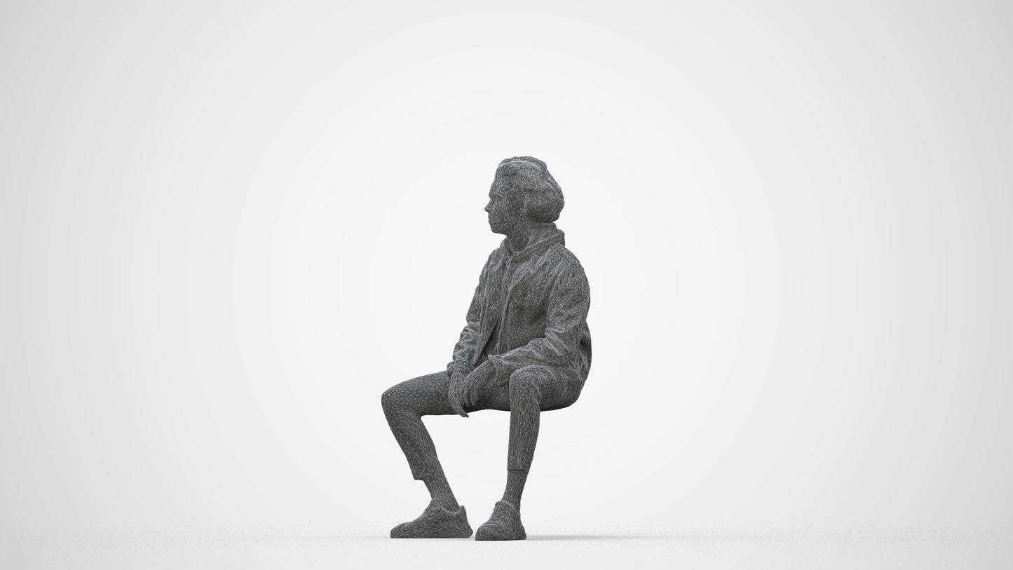 realistic 3D man casual sitting, scanned archviz people for Blender and 3ds Max, wireframe back view