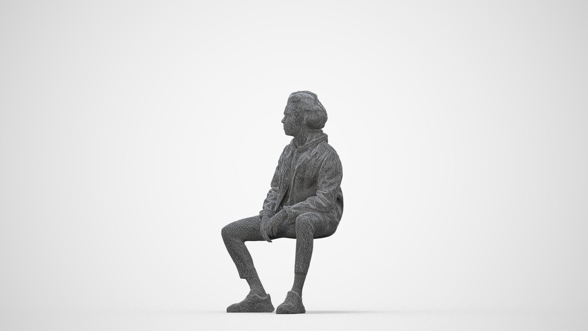 realistic 3D man casual sitting, scanned archviz people for Blender and 3ds Max, wireframe back view