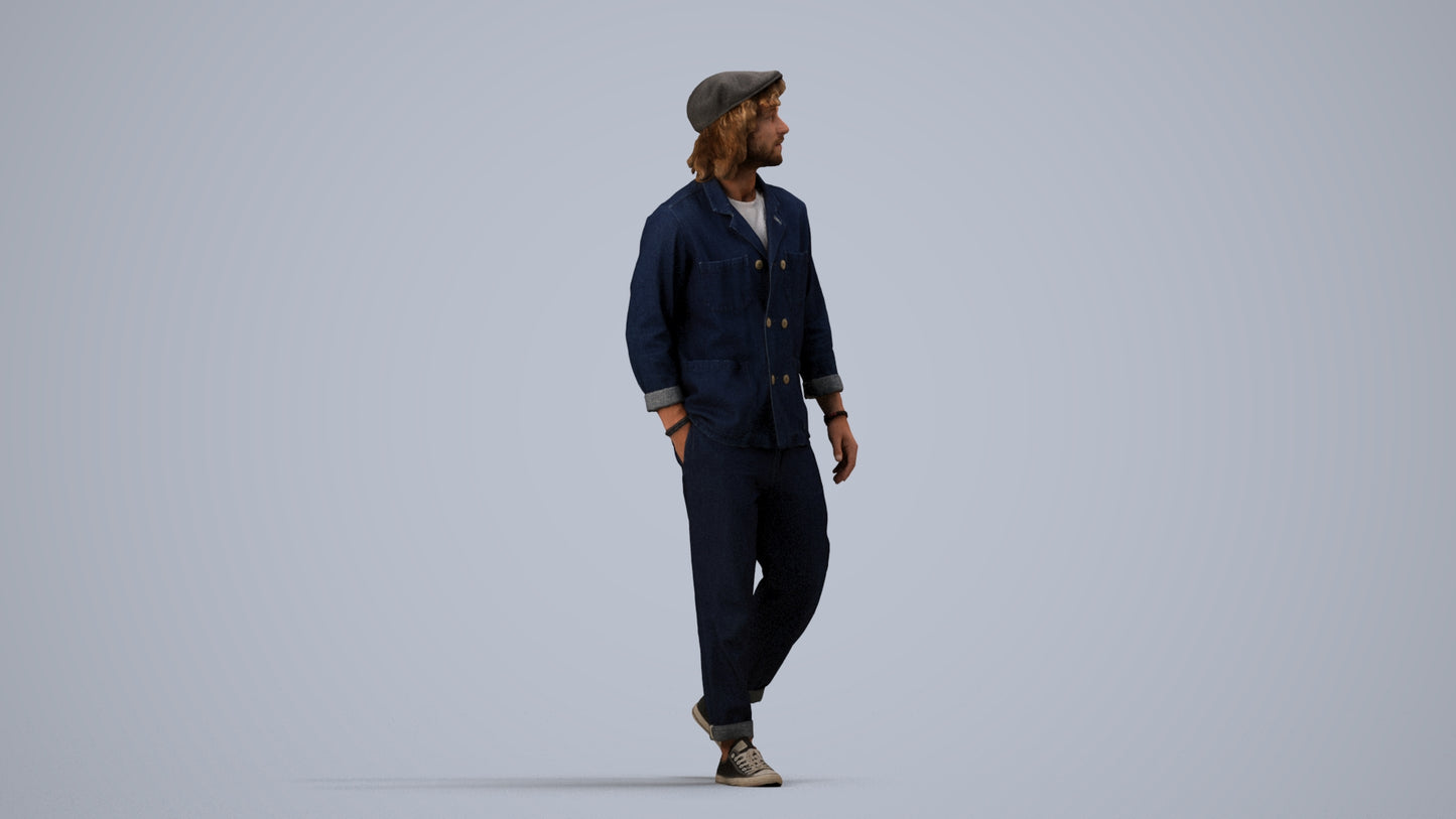 3D human model man casual walking, photogrammetry scanned person for archviz, side view render