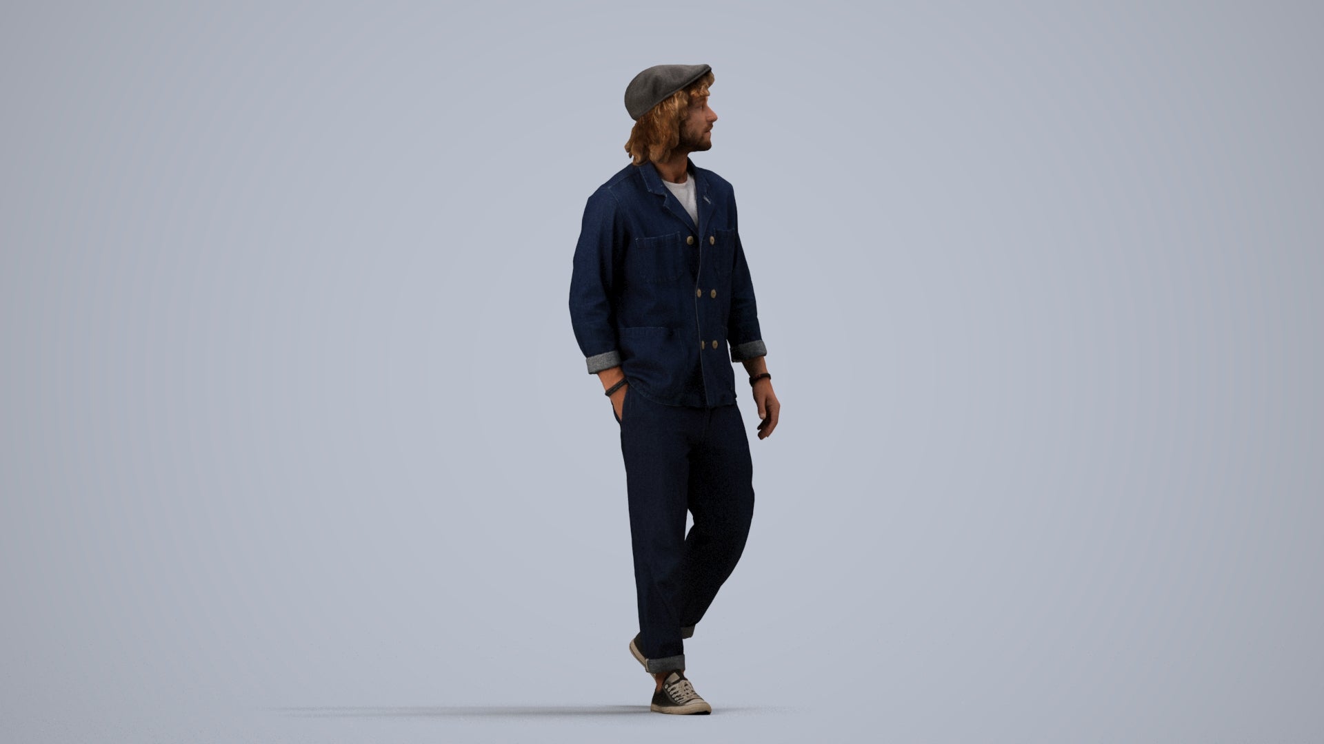 3D human model man casual walking, photogrammetry scanned person for archviz, side view render