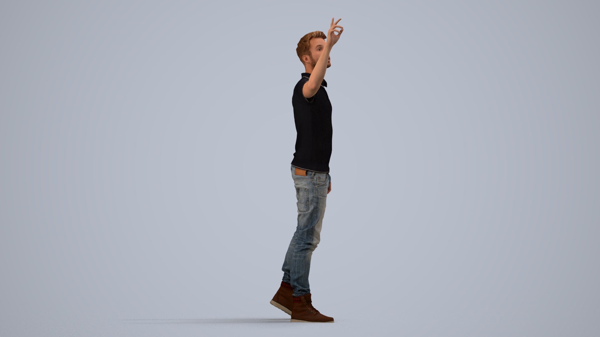 3D human model man casual standing, photogrammetry scanned person for archviz, side view render