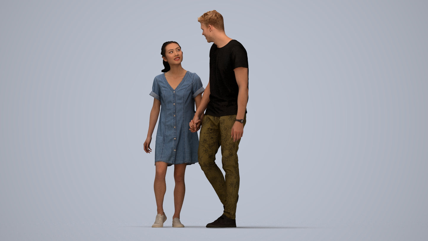 3D people model woman casual couple, scanned human for 3ds Max rendering, top-down view render