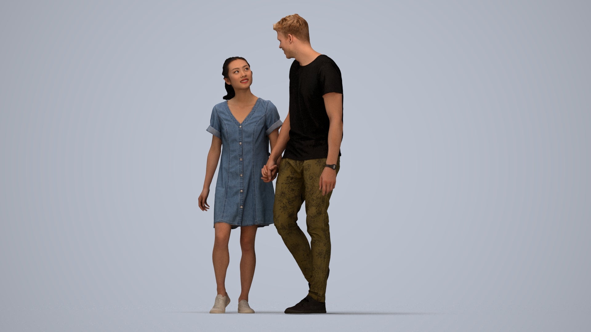 3D people model woman casual couple, scanned human for 3ds Max rendering, top-down view render