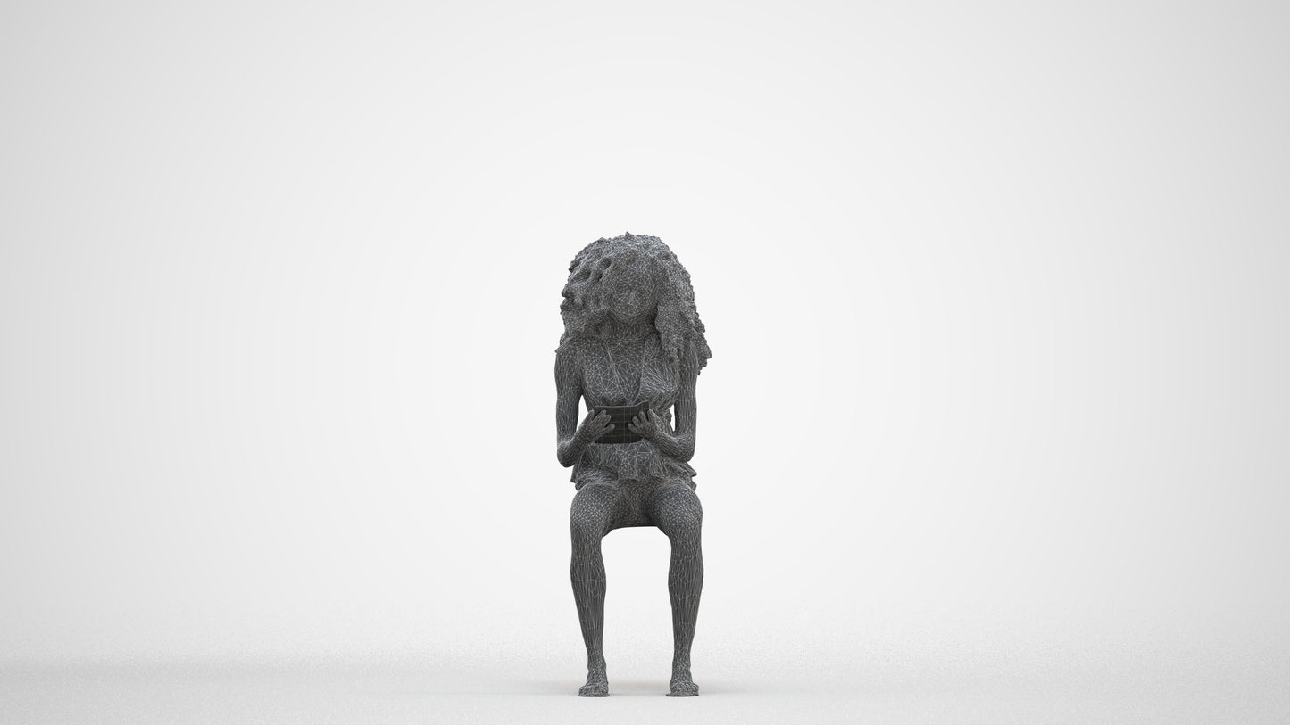 realistic 3D woman casual sitting, scanned archviz people for Blender and 3ds Max, three-quarter front view render
