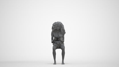 realistic 3D woman casual sitting, scanned archviz people for Blender and 3ds Max, three-quarter front view render