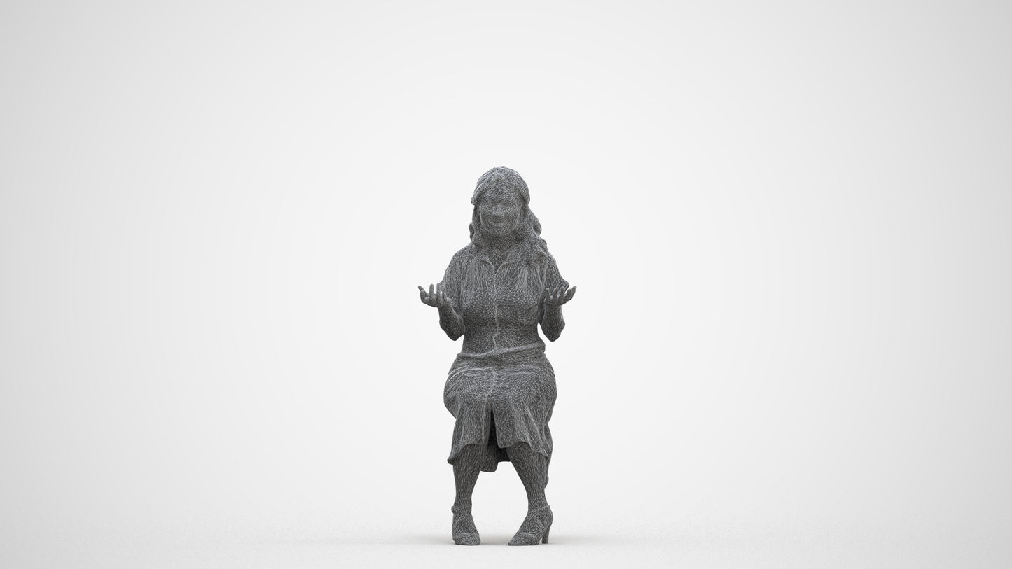 3D human model woman casual sitting, photogrammetry scanned person for archviz, three-quarter front view render